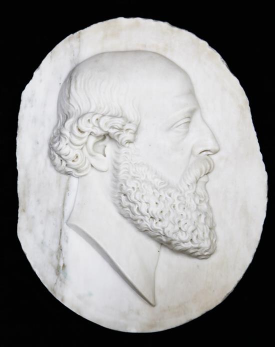 An oval Victorian relief carved marble portrait plaque of a bearded gentleman, 18 x 14.5in.